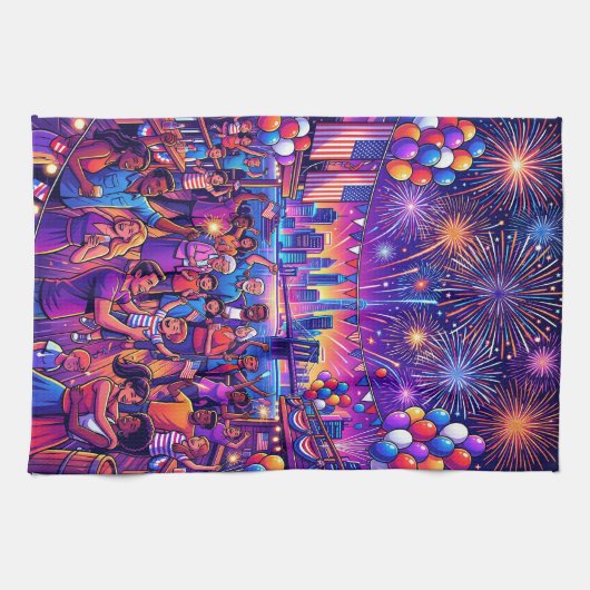 Neon 4th of July Independence Day Celebration Geschirrtuch (Horizontal)