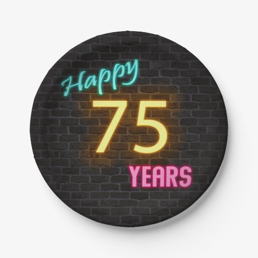 Neon 75 auf Ziegelmauer Pappteller (Vorderseite)