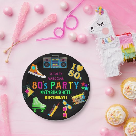 Neon 80er Geburtstagsparty Pappteller (Party)