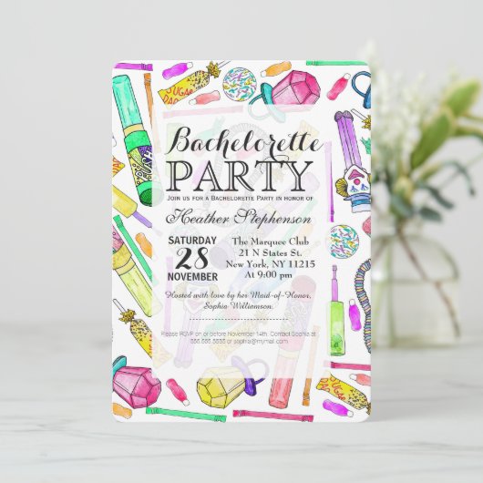 Neon 80er Jahre Retro-Funny Candy-Muster Einladung (Stehend Vorderseite)