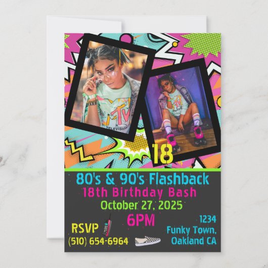 Neon 80's|90's Flashback Hip Hop Birthday Foto Einladung (Rückseite)