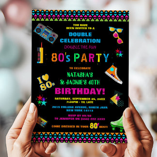 Neon 80's Joint Birthday Party Einladung