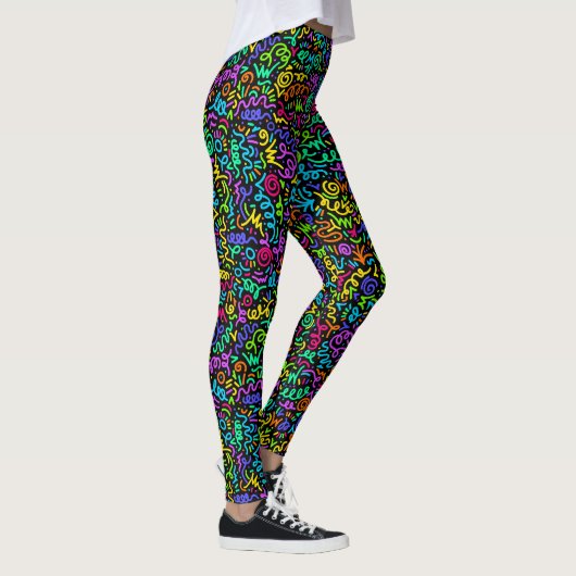 Neon 90er Squiggle Scribbles Nahtloses Muster Leggings (Rechts)