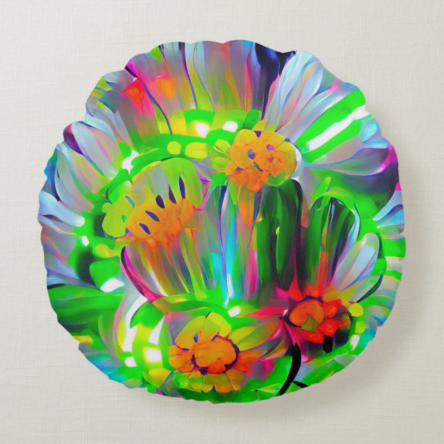 Neon Abstrakt Daisis mit Vivid Colors Rundes Kissen (Vorderseite)