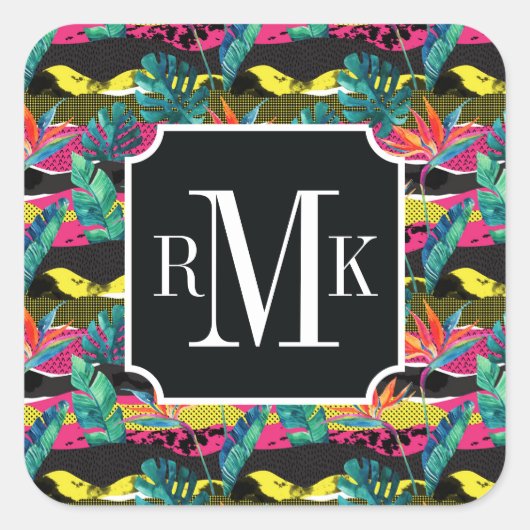 Neon Abstrakt Tropical Texture Pattern Quadratischer Aufkleber (Vorderseite)