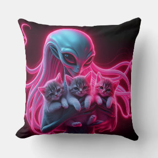 Neon Alien Cradling Kittens Kissen