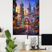 Neon Alien Stadt Sonnenuntergang Quadrat Poster (Heimbüro)