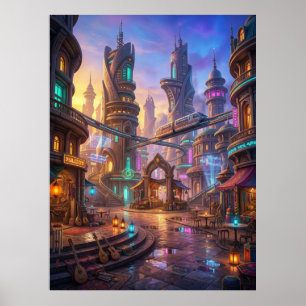 Neon Alien Stadt Sonnenuntergang Quadrat Poster