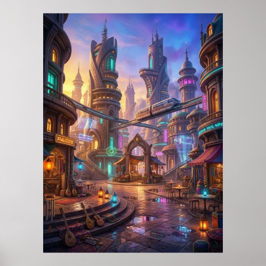 Neon Alien Stadt Sonnenuntergang Quadrat Poster (Vorne)