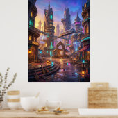 Neon Alien Stadt Sonnenuntergang Quadrat Poster (Küche)