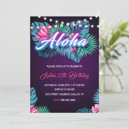 Neon Aloha Birthday Einladung (Stehend Vorderseite)