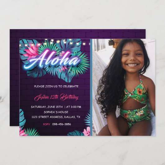 Neon Aloha Tropical Geburtstag mit Foto Einladung (Vorne/Hinten)