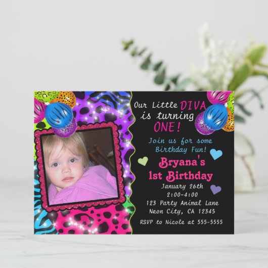 Neon Animal Print Cheetah Leopard Foto Einladung (Stehend Vorderseite)