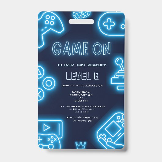 Neon Any year video games birthday invitation Ausweis (Vorderseite)