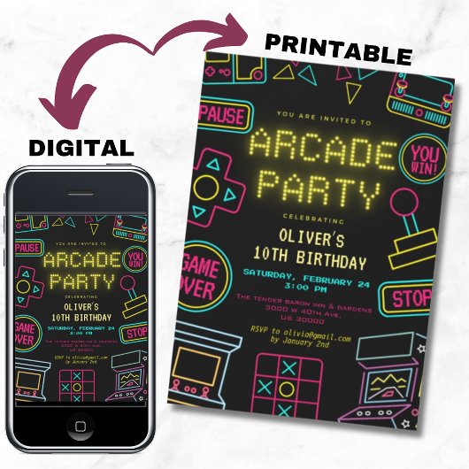 Neon Any Year Videospiele Arcade Geburtstag Einladung