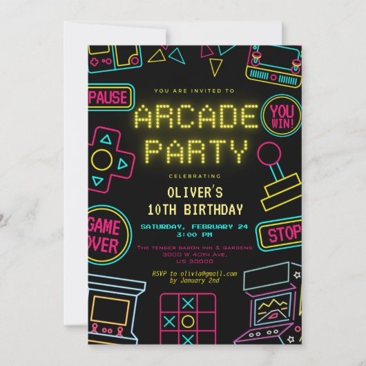 Neon Any Year Videospiele Arcade Geburtstag Einladung (Vorderseite)