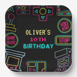 Neon Any Year Videospiele Arcade Geburtstag Pappteller