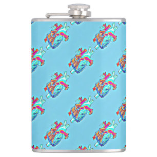 Neon Aqua Anatomisches Herz Gemusterte Vinyl Flasc Flachmann