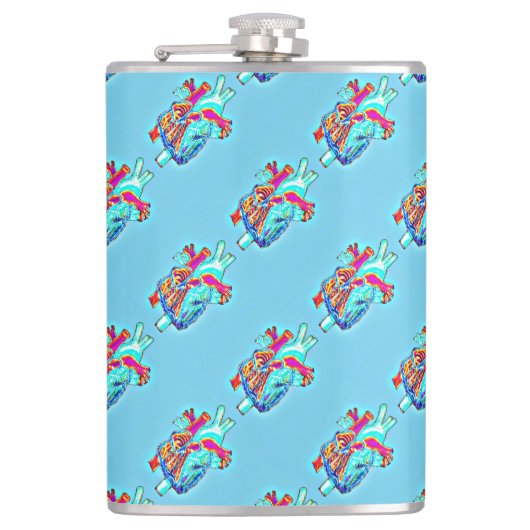 Neon Aqua Anatomisches Herz Gemusterte Vinyl Flasc Flachmann (Vorderseite)
