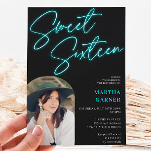 Neon aquamarin blauen Zeichen Drehbuch Spaß Foto a Einladung