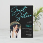 Neon aquamarin blauen Zeichen Drehbuch Spaß Foto a Einladung (Stehend Vorderseite)