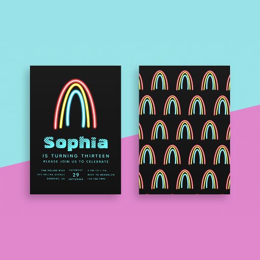 Neon Aquamarin Rainbow Birthday Party Einladung
