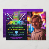 Neon Arcade Foto Birthday Gaming Party Einladung (Vorne/Hinten)