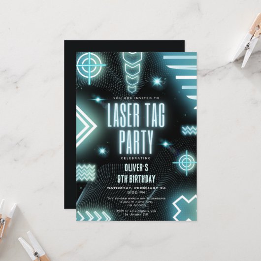 Neon Arcade Gamer, Laser Tag Geburtstag Einladung (Vorderseite/Rückseite Beispiel)