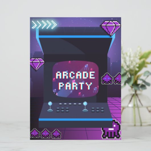 Neon Arcade Party Geburtstag Einladung (Stehend Vorderseite)