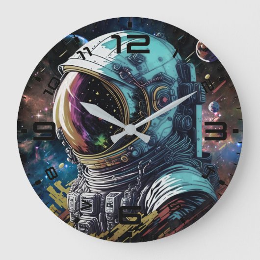 Neon Astronaut Galaxy Clock Große Wanduhr (Vorderseite)