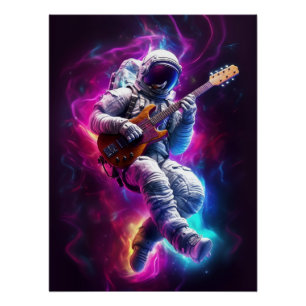 Neon Astronaut Gitarre spielen in Galaxy Poster