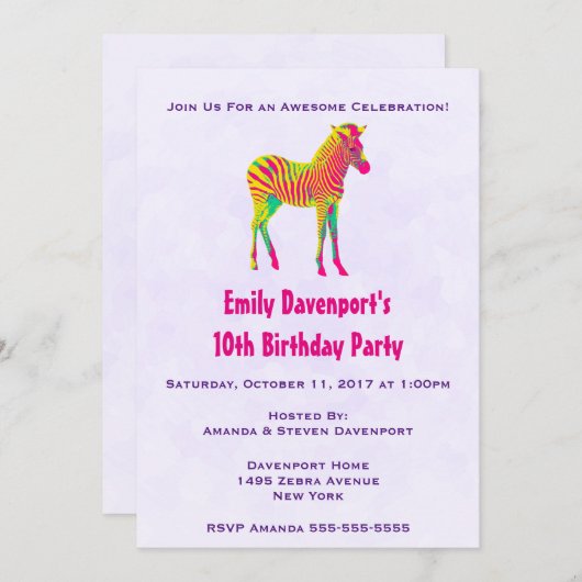 Neon Baby Zebra Psychedelic Funky Birthday Invite Einladung (Vorne/Hinten)