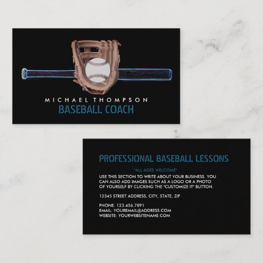 Neon Baseball Bat & Gear, Baseball Player, Coach Visitenkarte (Vorne/Hinten)