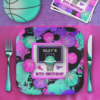 Neon Basketball Sneakers & Paint Spritzer Geburtst Pappteller