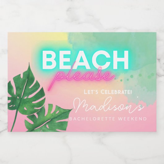Neon Beach Bitte Bachelorette Tropical Gradient Schaumweinetikett (Einzelnes Label)