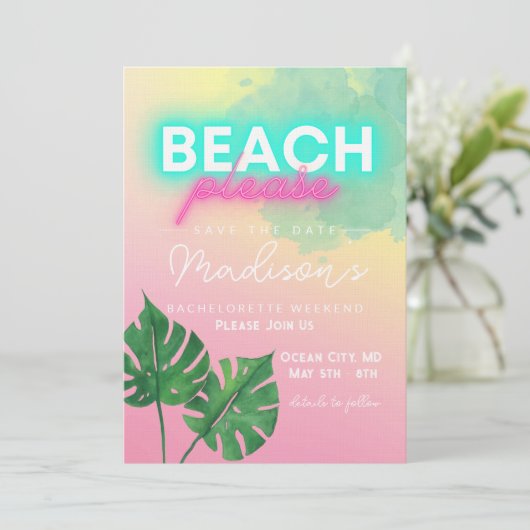Neon Beach Bitte Rett Datum Junggeselinnen-Abschie Einladung (Stehend Vorderseite)