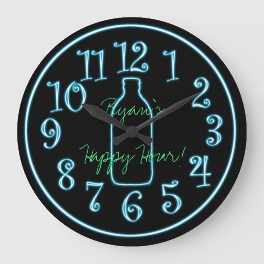 Neon Beer Bottle Add Name Happy Hour Clock Große Wanduhr (Vorderseite)
