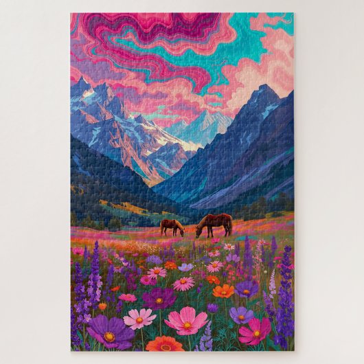 Neon-Bergtal - Psychedelische Pferde & Rosa C Puzzle (Vertikal)