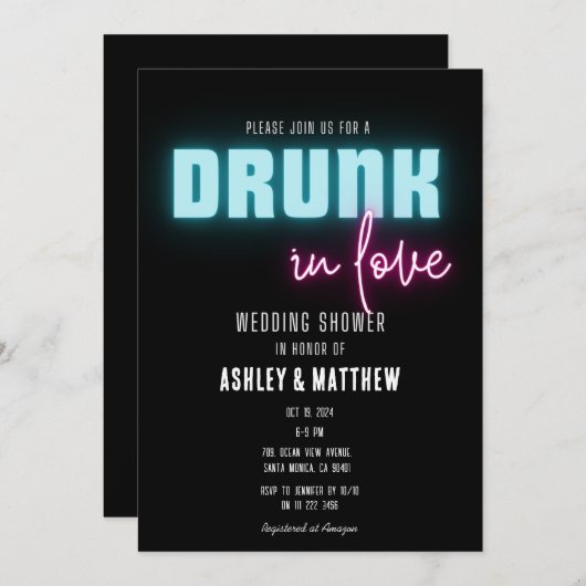 Neon Betrunken in Liebe Hochzeitsdusche Einladung (Vorne/Hinten)