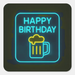 Neon Birthday Beer Tasse auf schwarz Quadratischer Aufkleber
