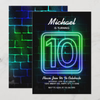 Neon Birthday Einladung für Junge 10. Geburtstag