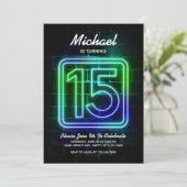 Neon Birthday Einladung für Junge 15. Geburtstag (Stehend Vorderseite)