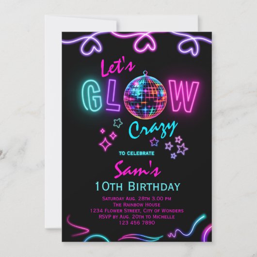 Neon Birthday Invitation Girls Let's Glow Crazy Einladung (Vorderseite)