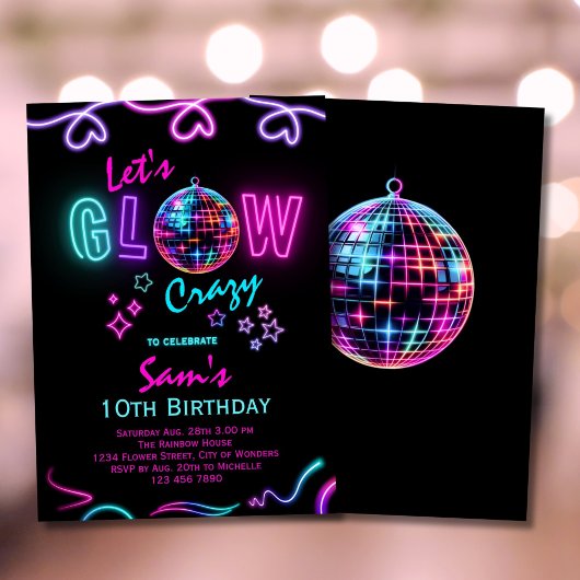 Neon Birthday Invitation Girls Let's Glow Crazy Einladung