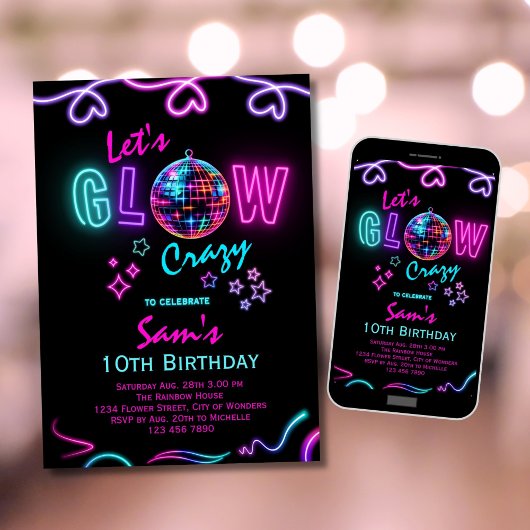 Neon Birthday Invitation Girls Let's Glow Crazy Einladung