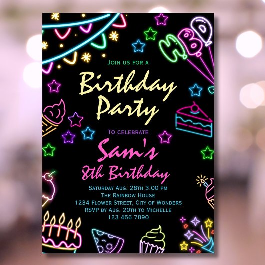 Neon Birthday Invitation Girls Neon Glow Party Einladung