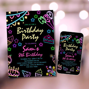 Neon Birthday Invitation Girls Neon Glow Party Einladung