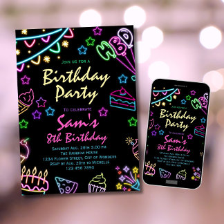 Neon Birthday Invitation Girls Neon Glow Party Einladung