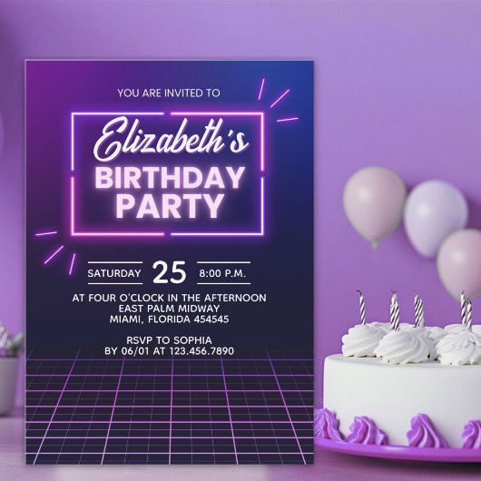 Neon Birthday Party Invitation Modern Glow Frame Einladung