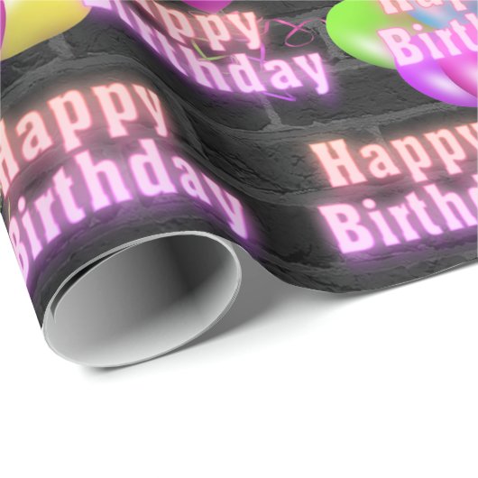 Neon Birthday und Balloons auf Brick Wrapping Pape Geschenkpapier (Rolleneckpunkt)